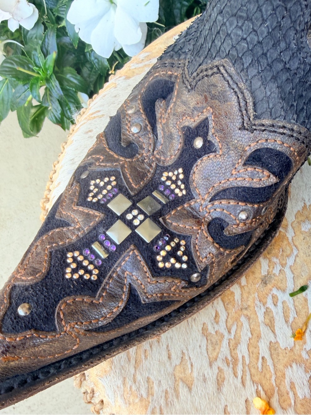 Corral Swarovski Crystal Embellished Cross Python Leather Cowboy Boots Black 8.5 - Picture 11 of 16